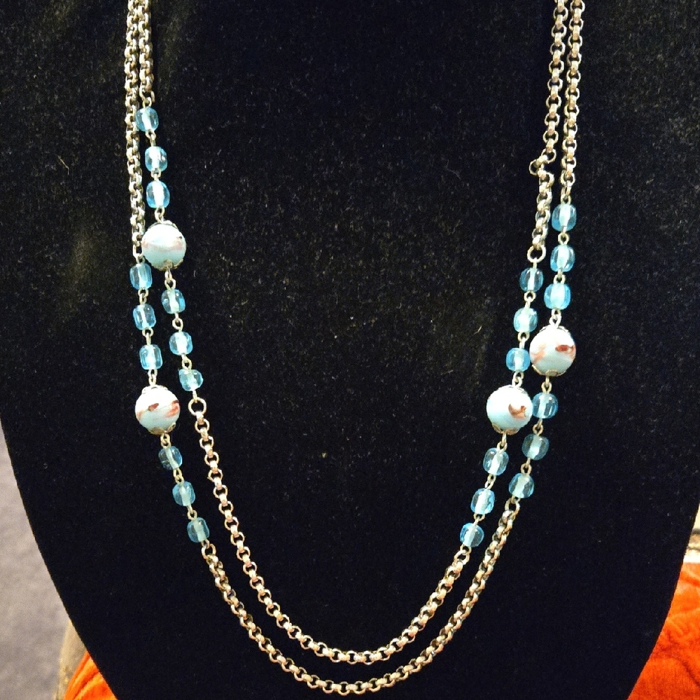 60" Vintage Coro Baby Blue Art Glass Necklace